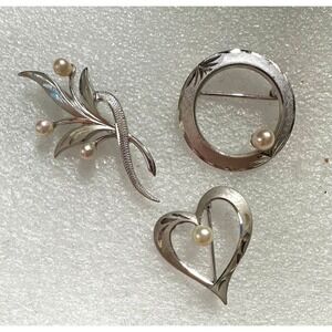 3 pc Brooch Lot Sterling Silver & Cultured Pearl Circle Heart Leaf